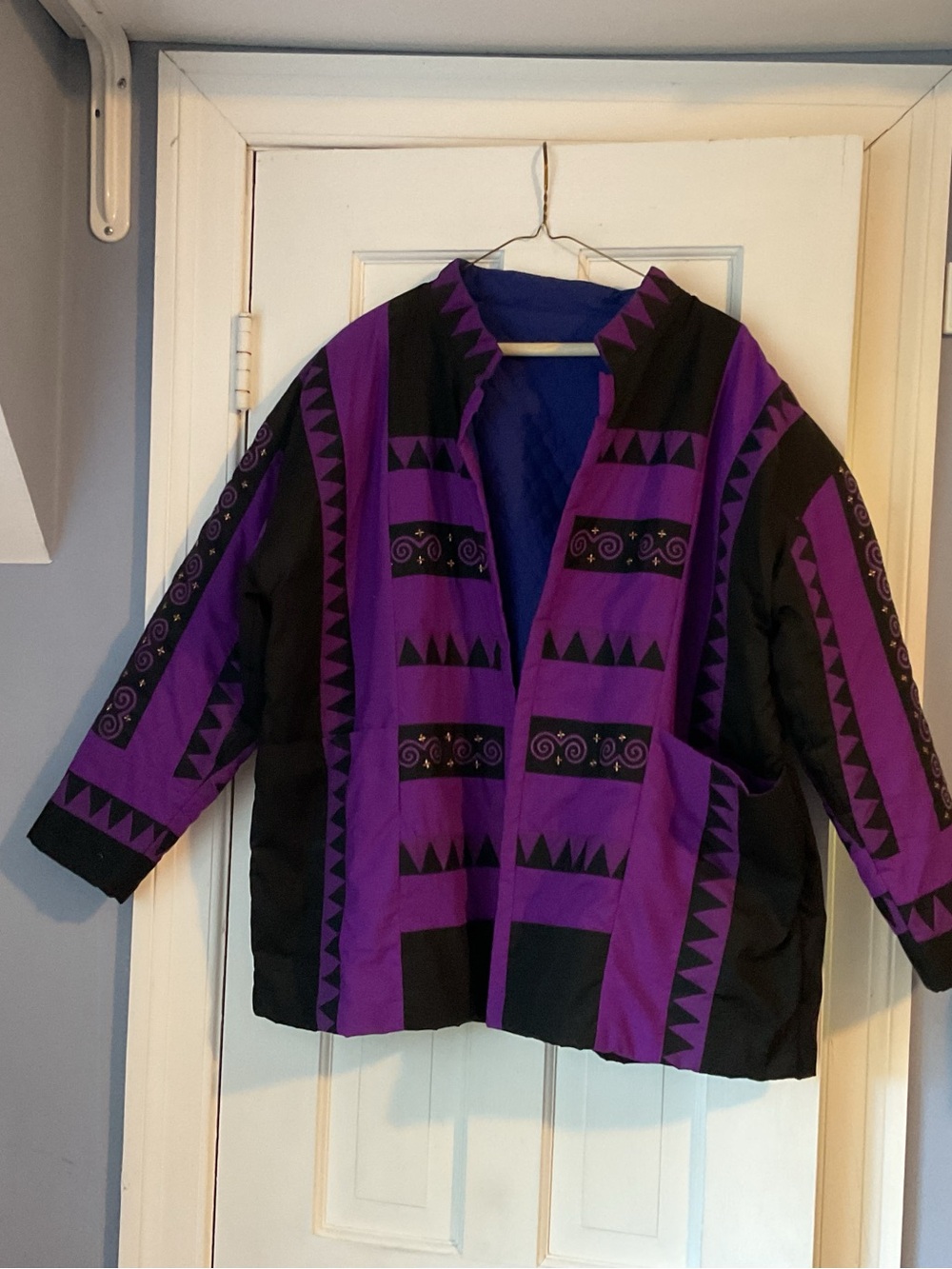 Hand Crafted Black and Purple Geometric Open Front Jacket